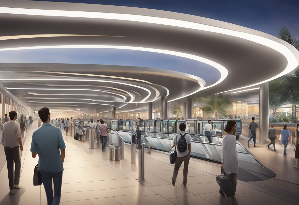 The Jumeirah Golf Estates metro station bustles with commuters seeking information from the Frequently Asked Questions board. Bright lights illuminate the modern, sleek design of the station, while a steady stream of passengers flows through the turnstiles
