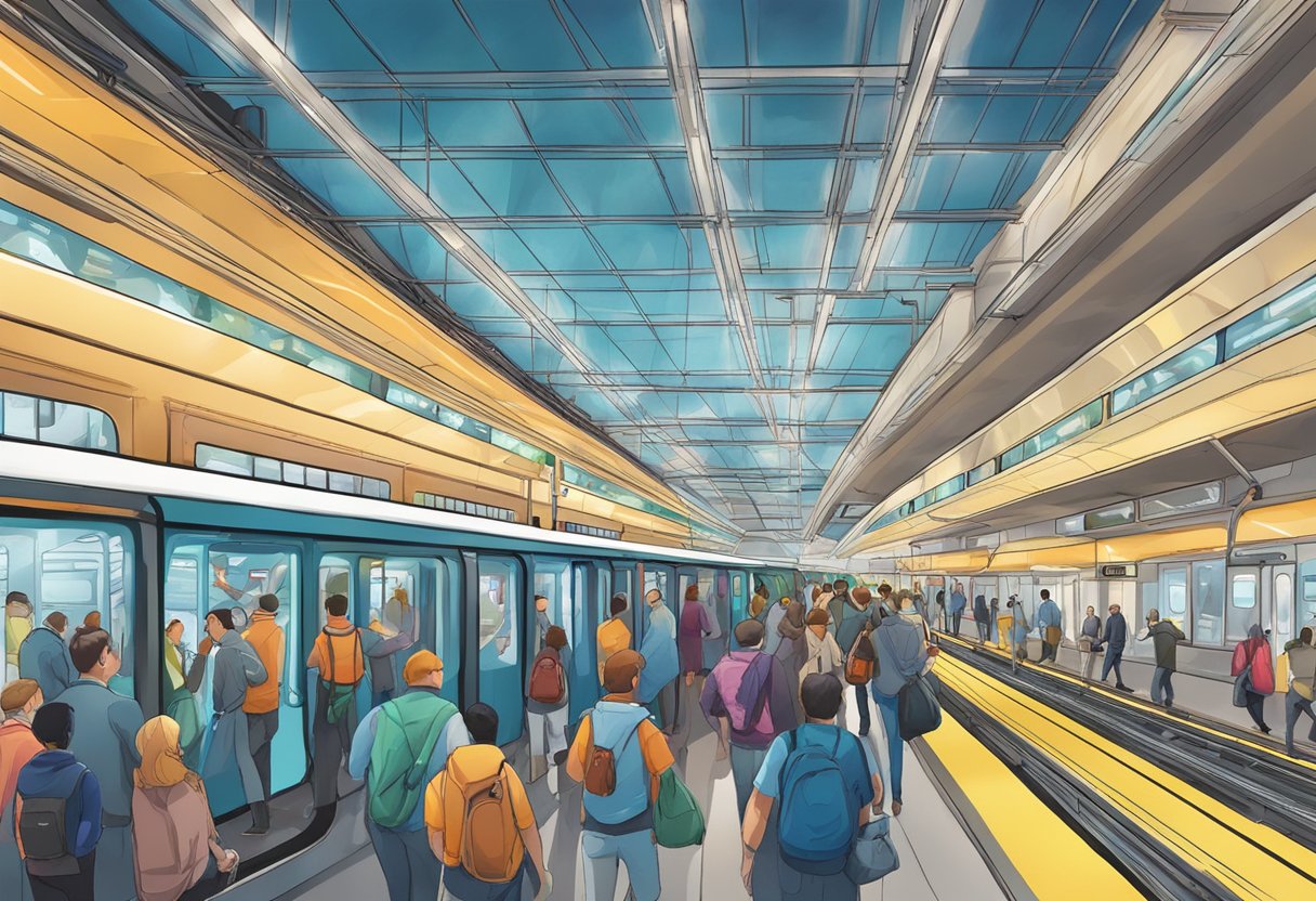 The bustling energy metro station with bright lights, moving trains, and bustling commuters