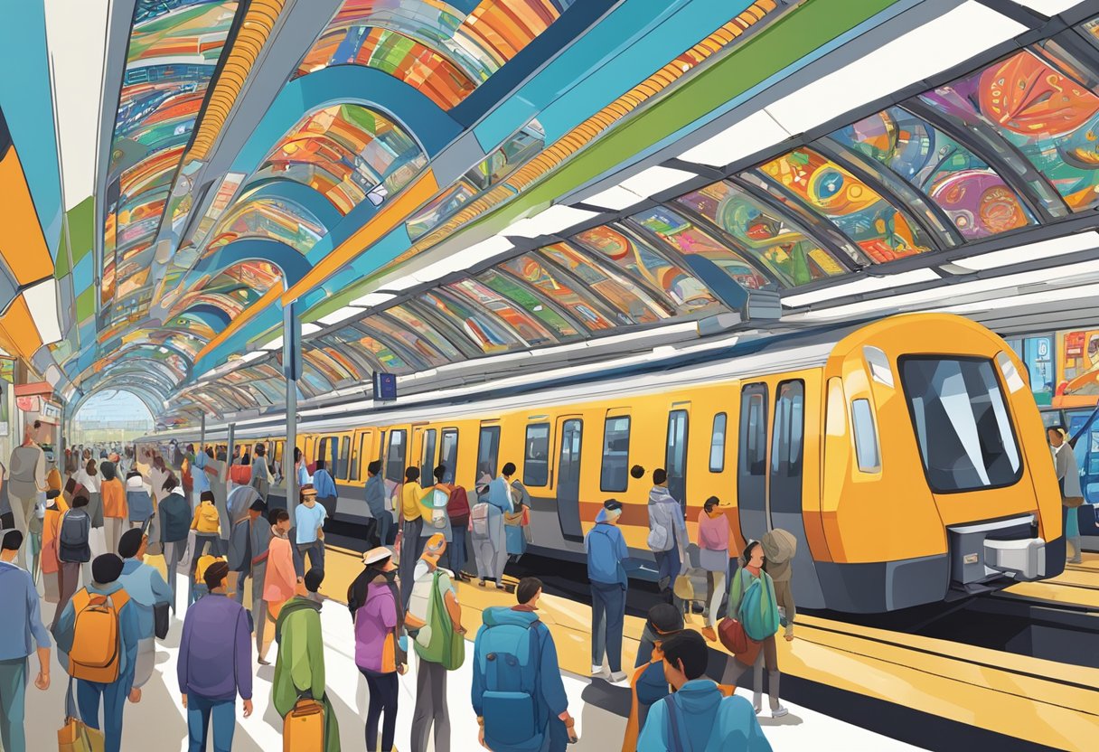 A bustling metro station adorned with cultural symbols, vibrant colors, and lively energy