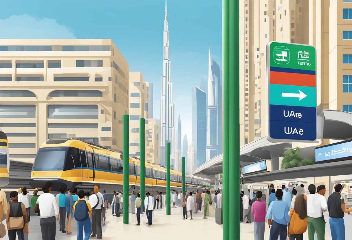 The UAE Exchange Metro Station sign stands tall against the backdrop of a bustling city. Information boards display route and service details, while commuters hurry to catch their trains
