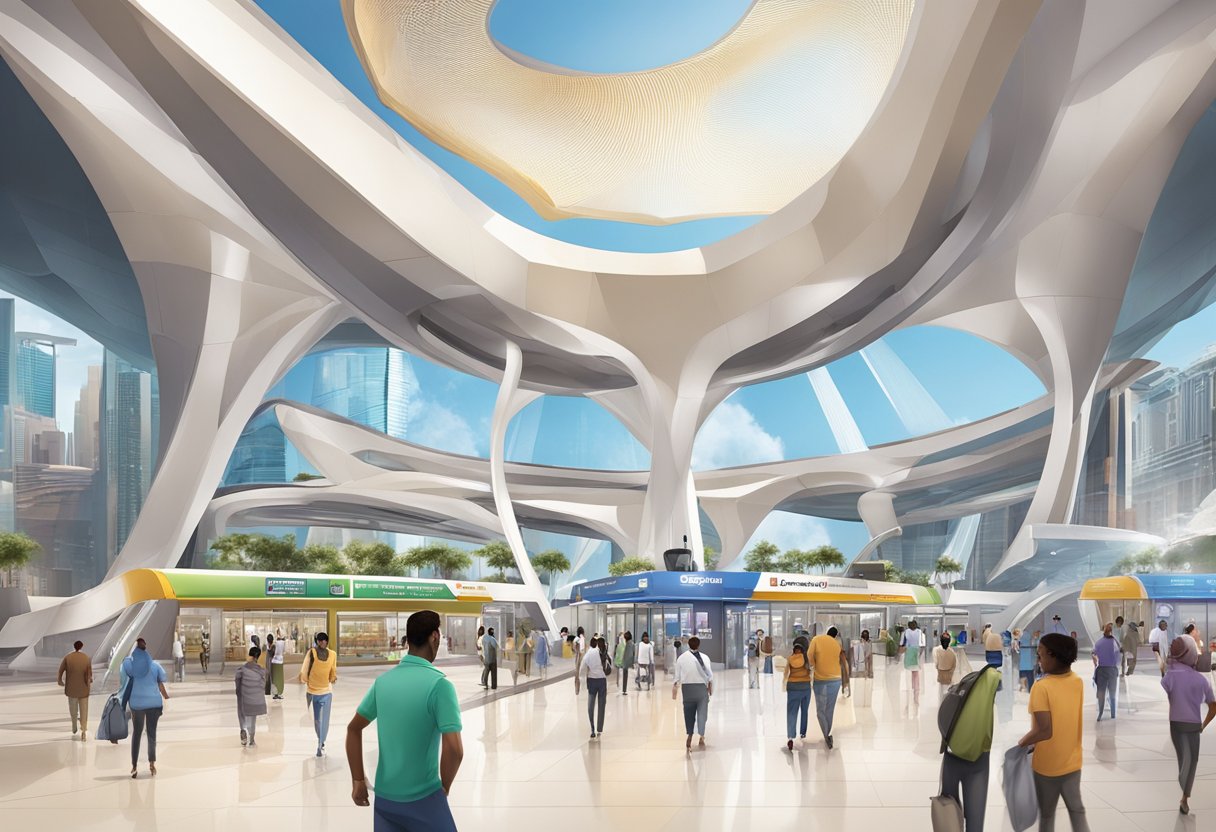 The UAE Exchange metro station stands tall, surrounded by bustling nearby attractions. The station's sleek, modern design contrasts with the lively energy of the surrounding area