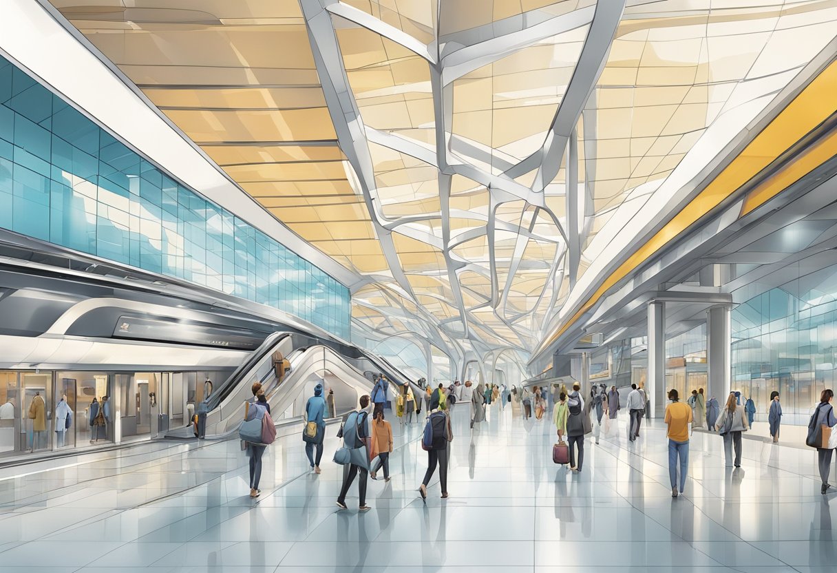 The UAE Exchange Metro Station shows modern architecture and bustling activity, with sleek lines and a constant flow of commuters