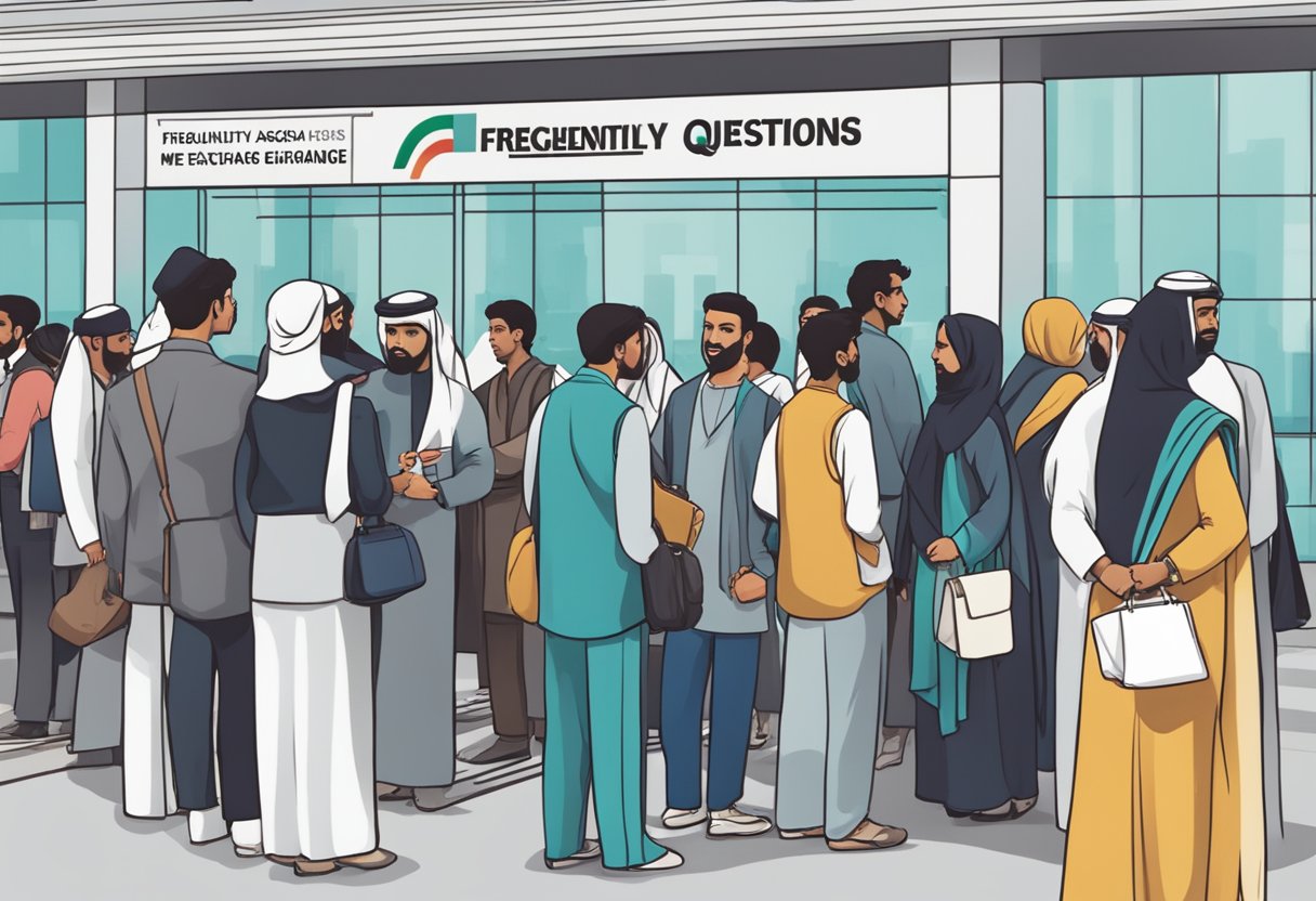 People lining up at the uae exchange metro station, with a sign displaying "Frequently Asked Questions" in bold letters