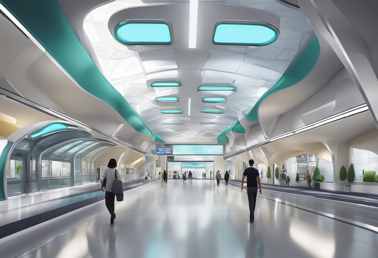 The Ibn Batuta Metro Station features a modern, sleek design with curved lines, glass panels, and metallic accents. The station is spacious and well-lit, with large digital displays and signage for easy navigation