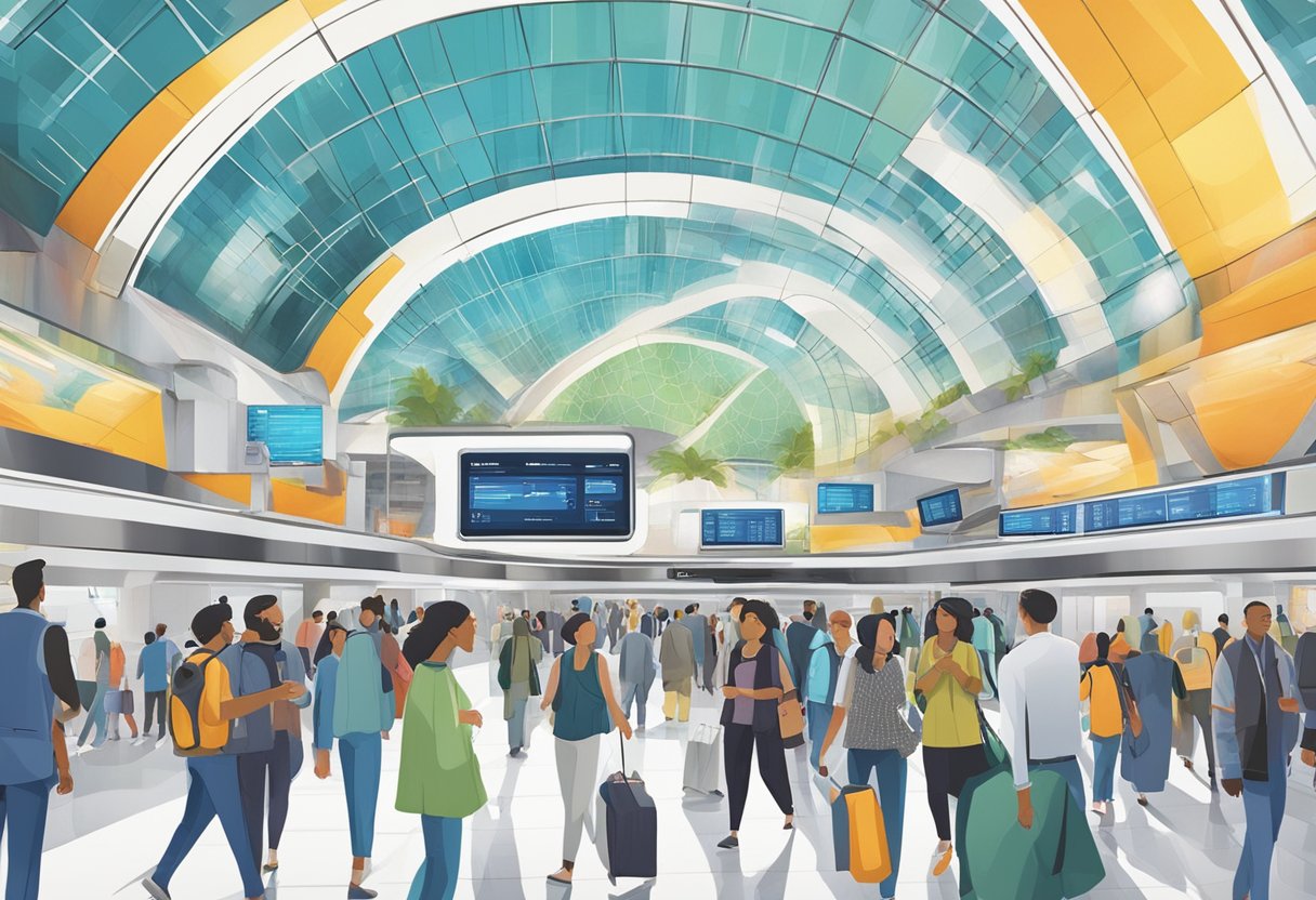 People bustling in and out of Ibn Batuta Metro Station, futuristic architecture, and digital screens displaying upcoming events