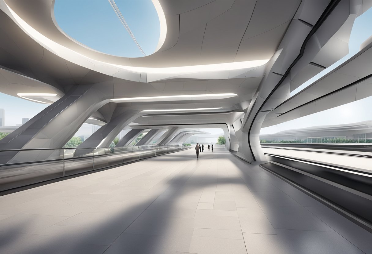 The Al Furjan metro station features modern architecture and sleek design, with clean lines and a futuristic aesthetic. The infrastructure includes spacious platforms and advanced technology for a seamless commuting experience