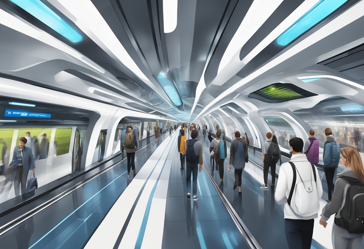 The Danube metro station bustles with commuters. Futuristic architecture and sleek design define the space, with digital displays and advanced technology integrated throughout