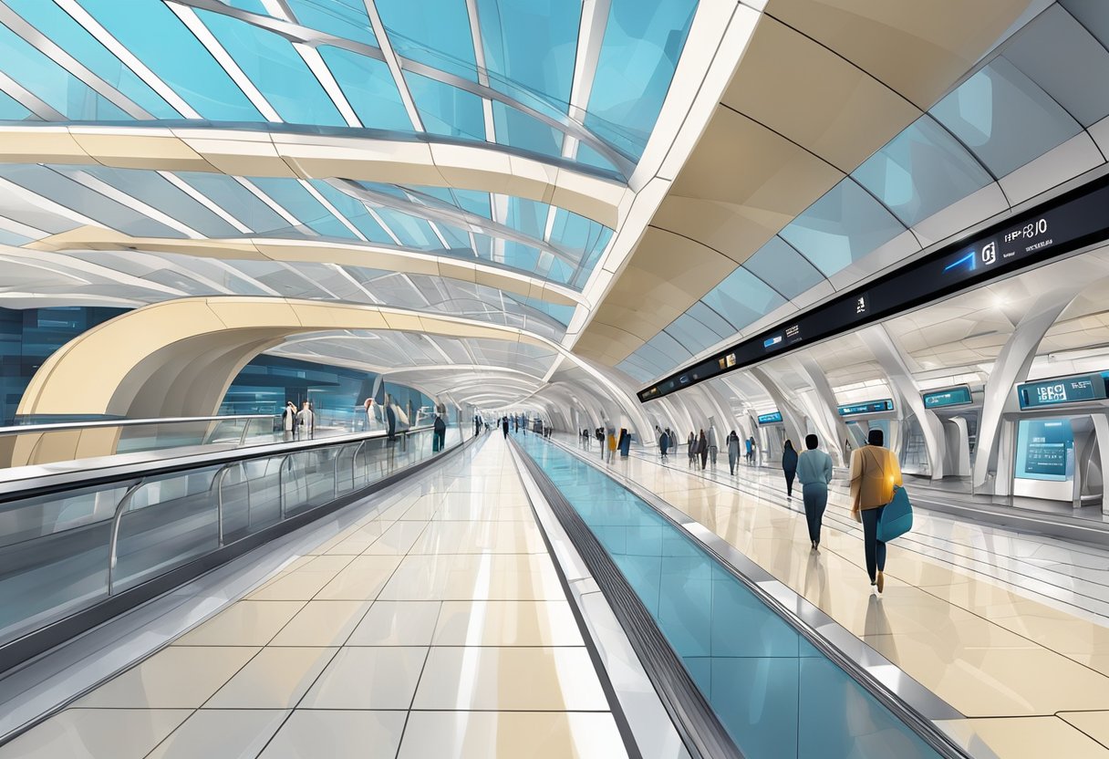 The Dubai Airport Free Zone Metro Station is a modern, sleek structure with clean lines and a futuristic design, surrounded by a bustling cityscape