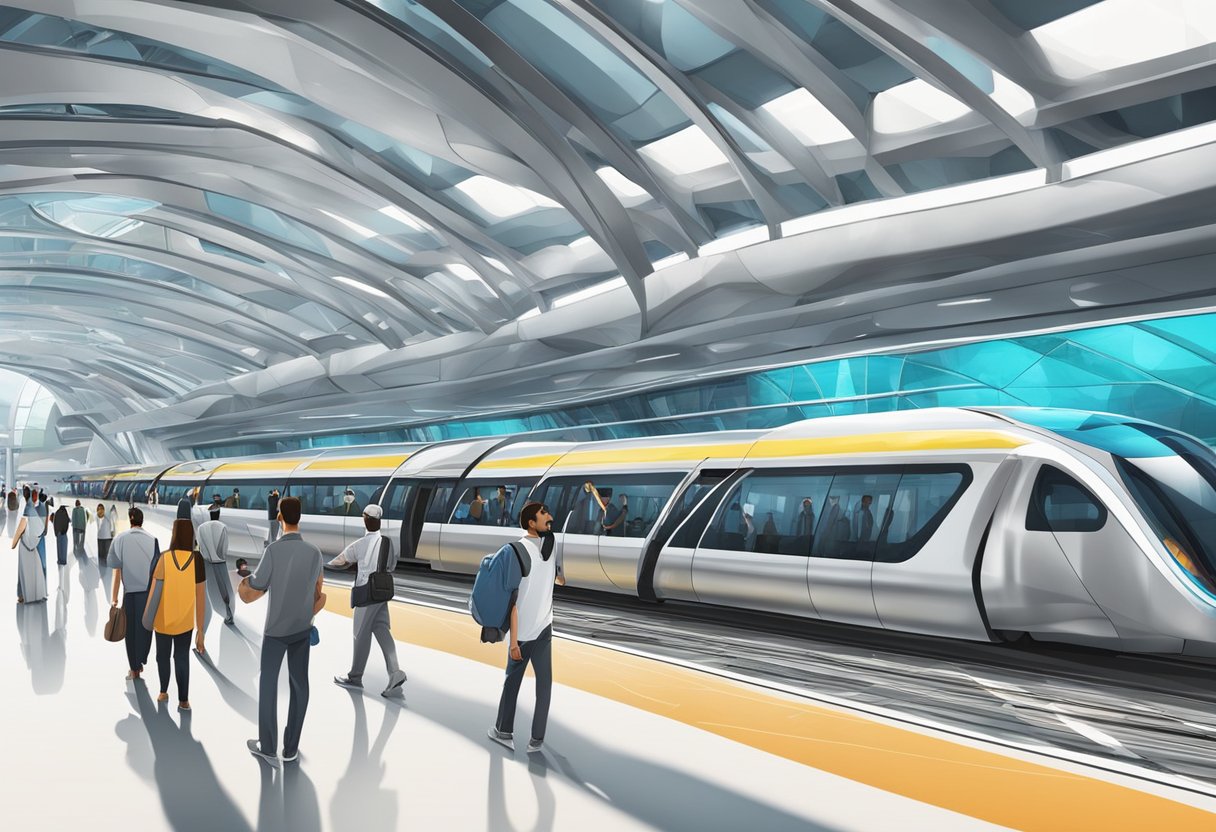 The Dubai Airport Free Zone metro station bustles with commuters and sleek, modern architecture. The platform is lined with futuristic glass and steel structures, while trains arrive and depart with precision