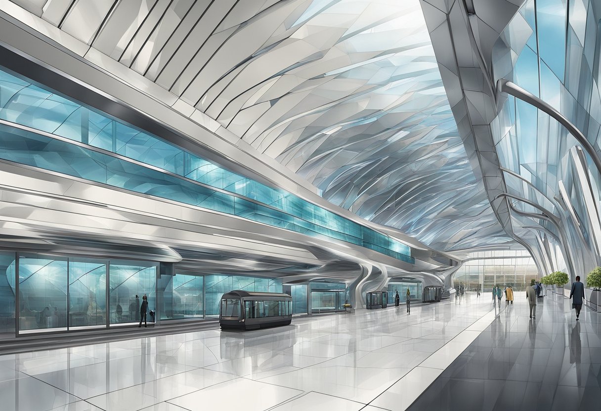 The Dubai Airport Free Zone metro station features modern architecture with sleek lines and a futuristic aesthetic. Glass panels and metallic accents create a dynamic and vibrant atmosphere
