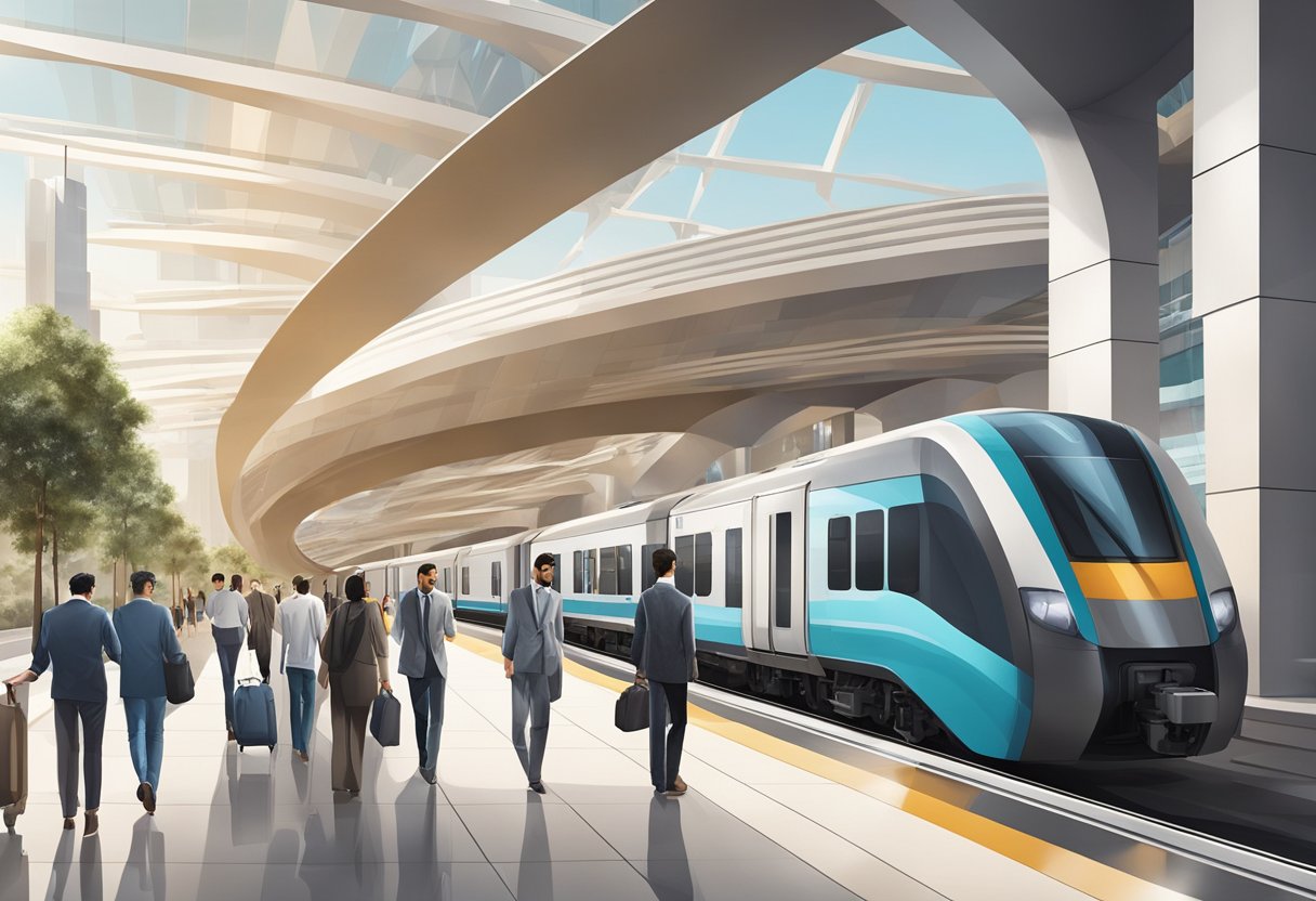 The Al Furjan metro station bustles with commuters and staff, as trains arrive and depart against a backdrop of modern architecture and sleek design