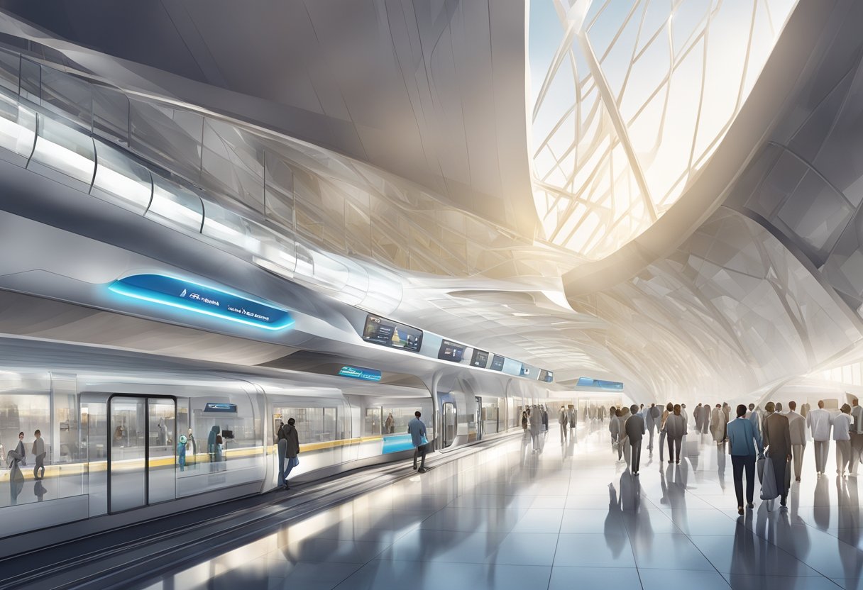 The futuristic Al Nahda metro station features sleek architecture, glass facades, and modern signage, with bustling commuters entering and exiting the station