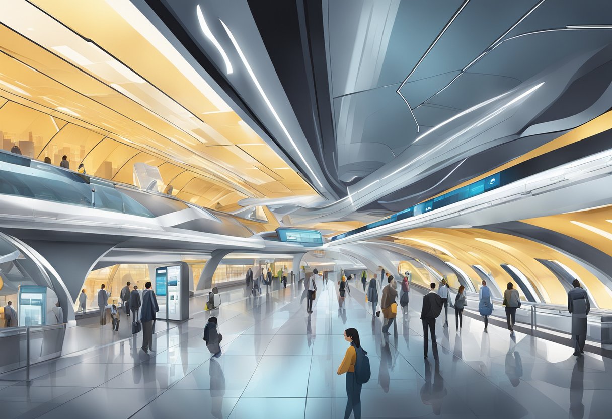 The futuristic metro station is bustling with activity, with sleek architecture and high-tech displays showcasing innovative developments