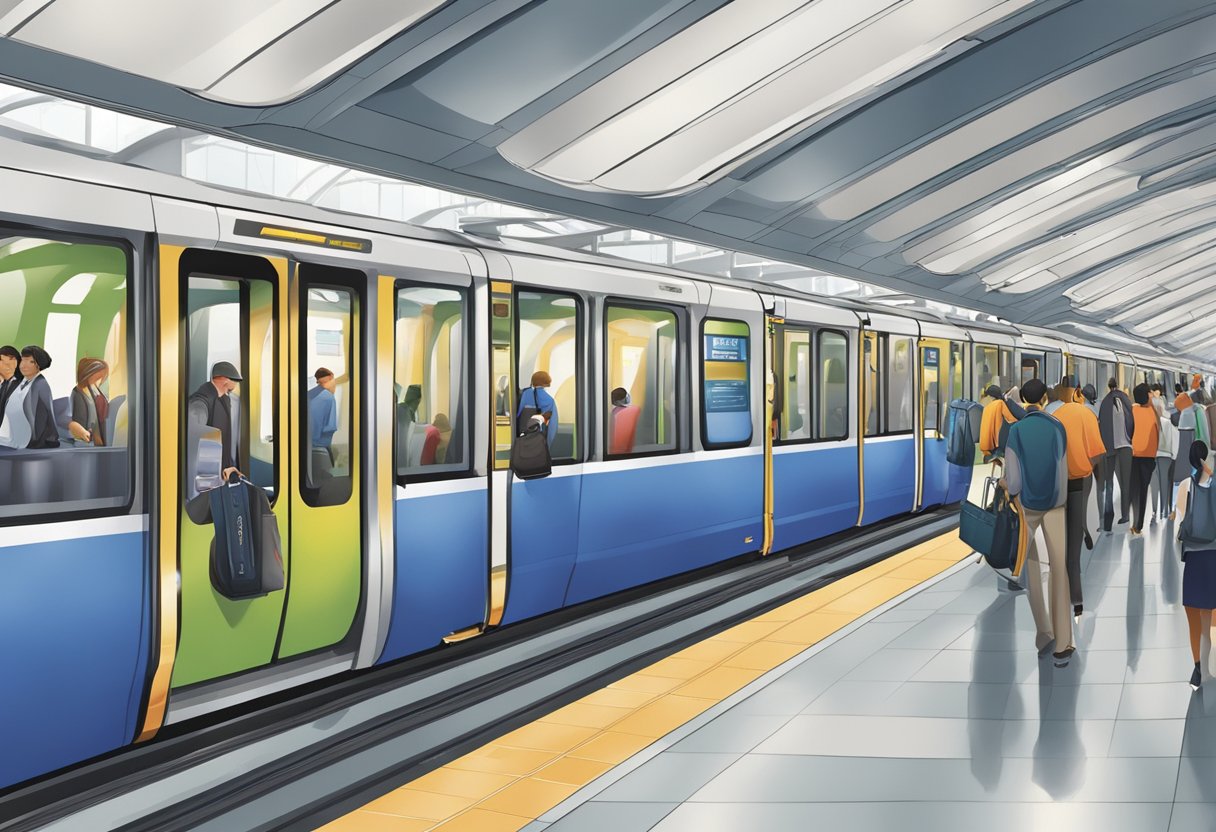 The stadium metro station is bustling with commuters. The modern architecture and sleek design create a dynamic and vibrant atmosphere. The station is adorned with colorful murals and digital displays, adding to the energetic ambiance