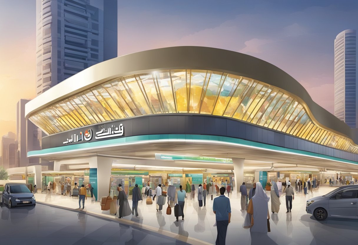 The bustling al qiyadah metro station features a variety of food and dining options, including colorful food stalls and bustling restaurants