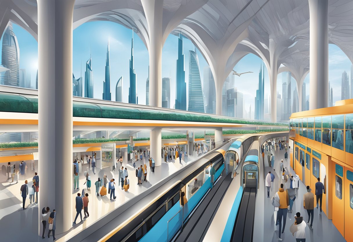 The Al Qiyadah metro station is bustling with commuters, surrounded by iconic landmarks like the Burj Khalifa and Dubai Mall