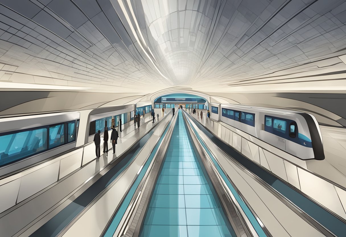 The bustling al qiyadah metro station with modern architecture and clear signage for recommended accommodations