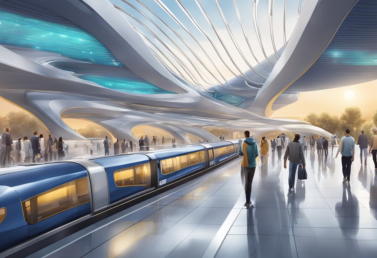 The futuristic Abu Hail metro station features sleek architecture, vibrant lighting, and bustling commuters
