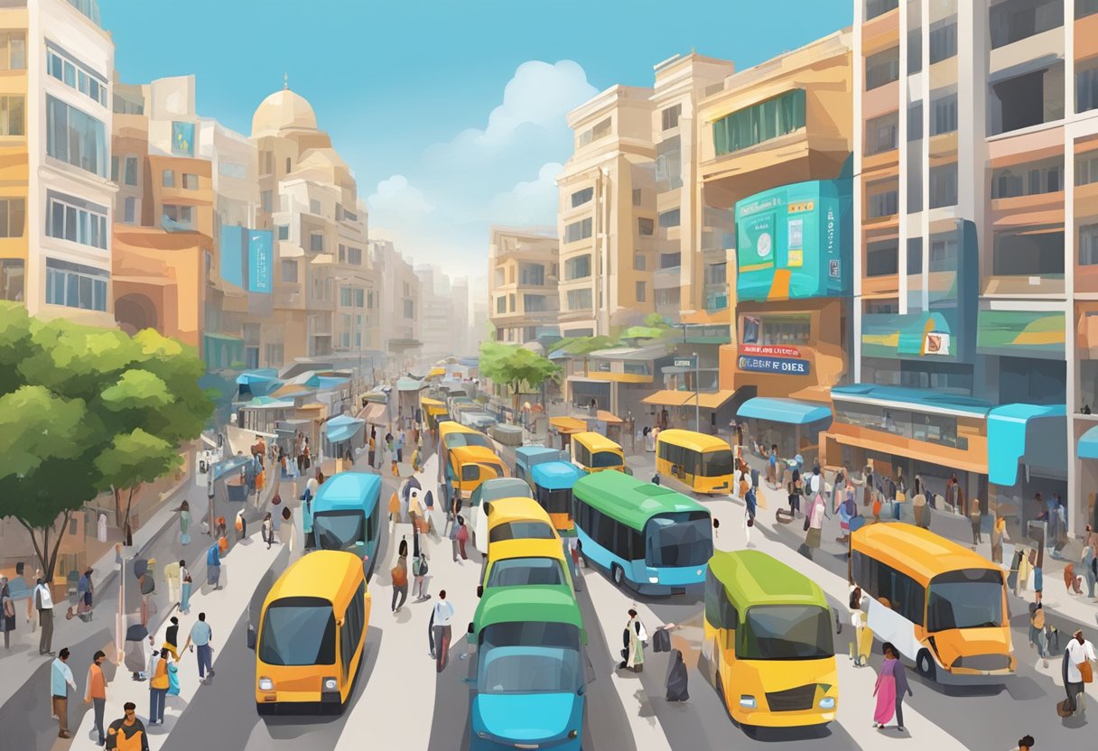 Busy street with colorful signage, bustling shops, and people entering and exiting alternative transportation options near Metro Abu Baker Al Siddique station