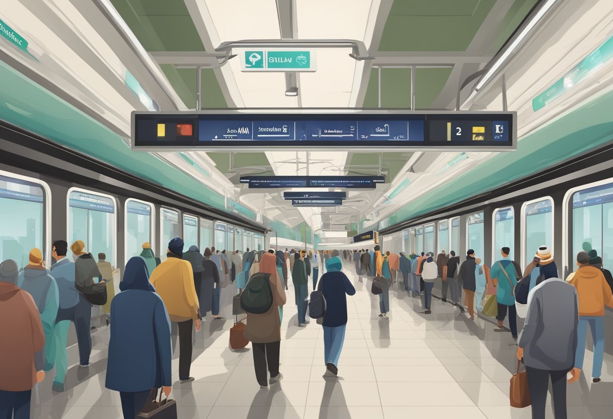 Passengers waiting at Salah Al Din Siddique metro station. Signs indicate transportation guidelines. Trains and platforms visible. Crowd in the background