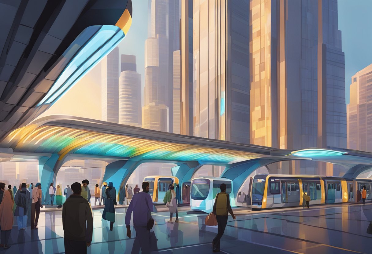 The futuristic Salah Al Din Siddique metro station bustles with commuters under a sleek, modern canopy. Surrounding skyscrapers reflect the station's neon lights, creating a vibrant urban landscape