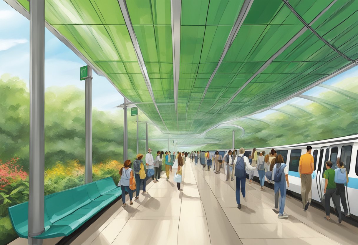 The Discovery Gardens metro station bustles with commuters, as trains arrive and depart under the glass canopy, surrounded by lush greenery