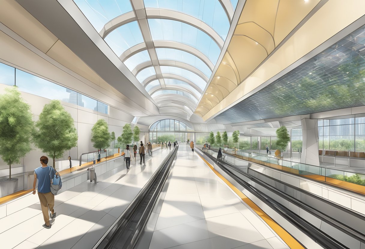 The Discovery Gardens metro station features modern architecture and sleek design, with a spacious and airy structure that allows natural light to filter through