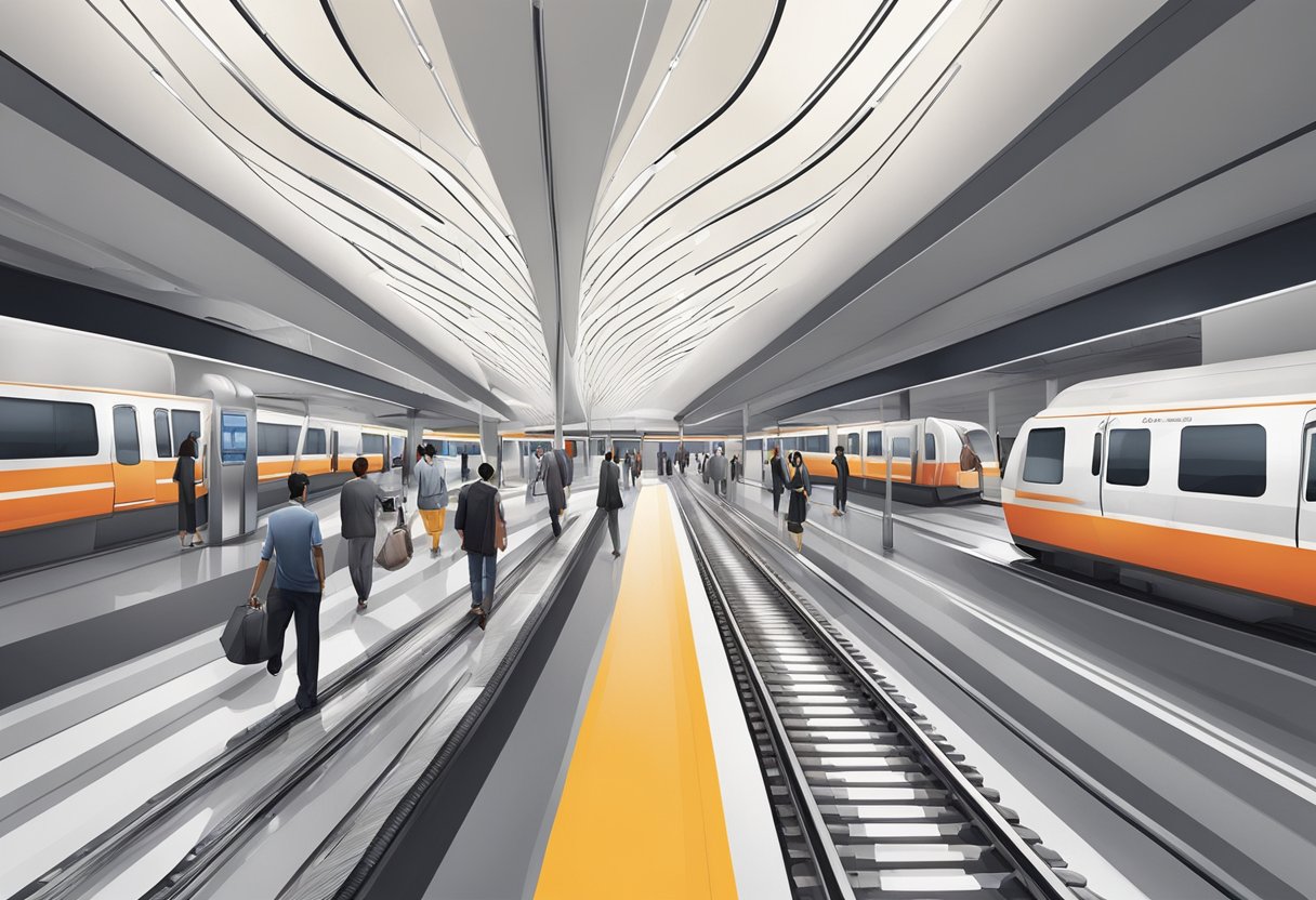 Al Ghubaiba Metro Station: bustling platform, sleek trains, modern architecture, busy commuters, vibrant signage