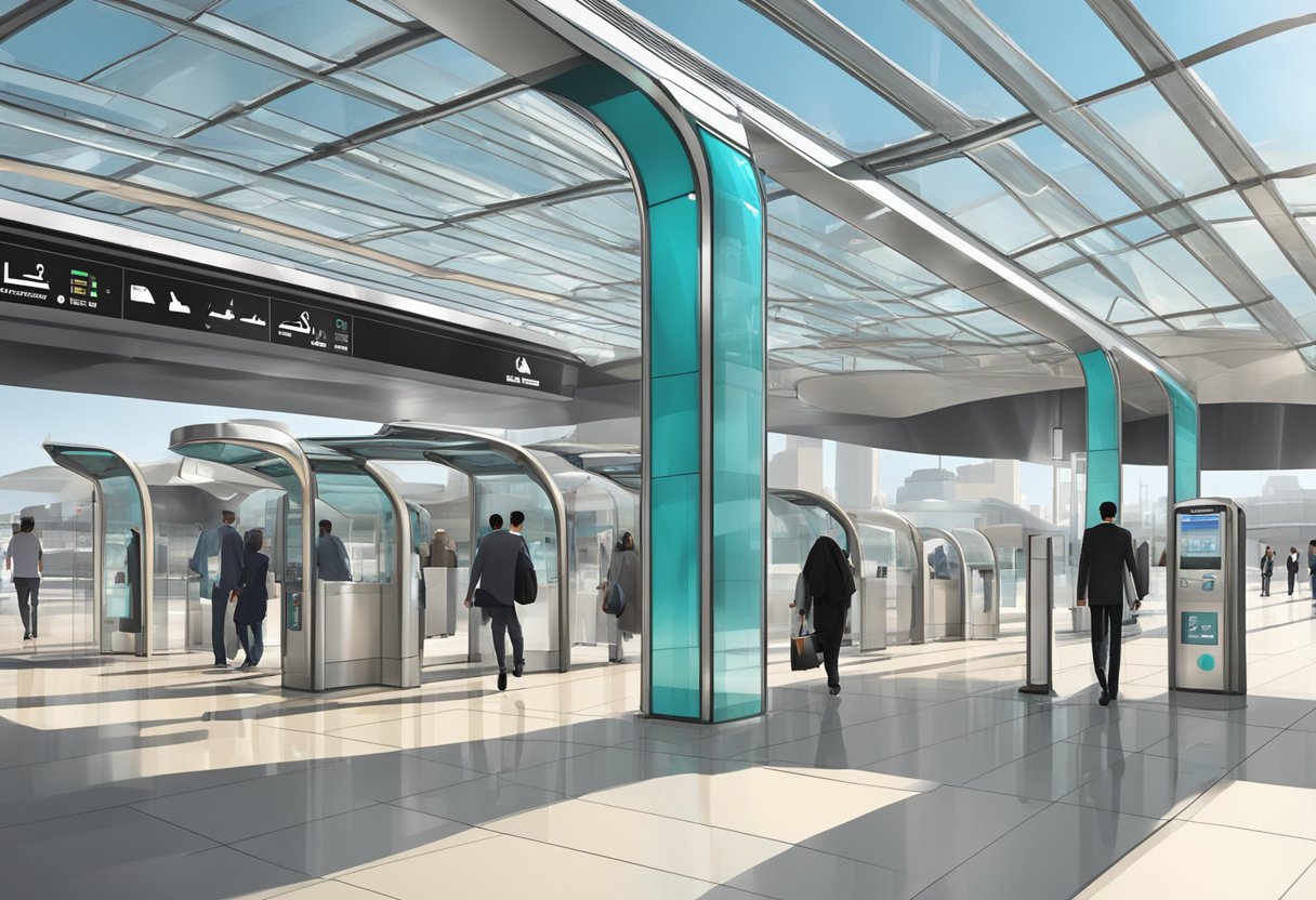 Al Ghubaiba metro station bustles with commuters and trains, showcasing modern architecture and efficient transportation