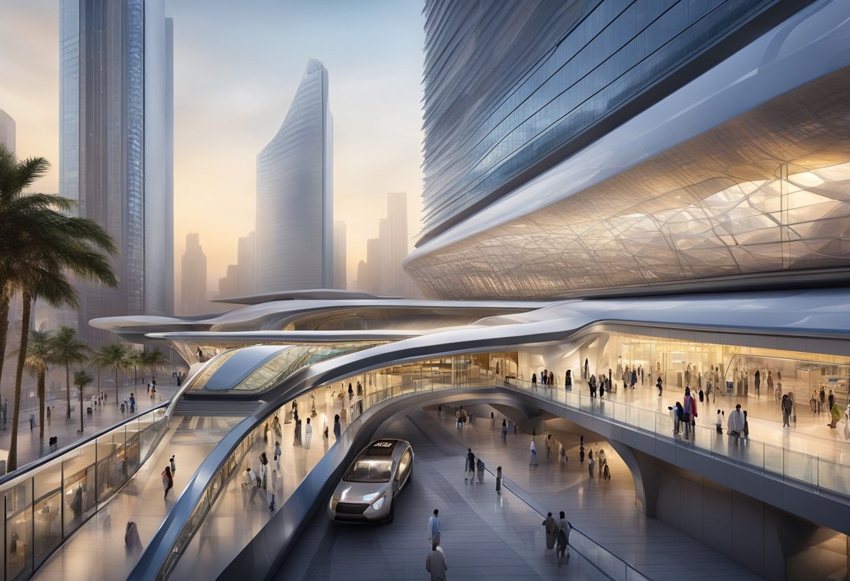 The Al Ghubaiba metro station bustles with futuristic architecture and sleek, modern design. Glass and steel structures rise against a backdrop of bustling commuters and sleek trains