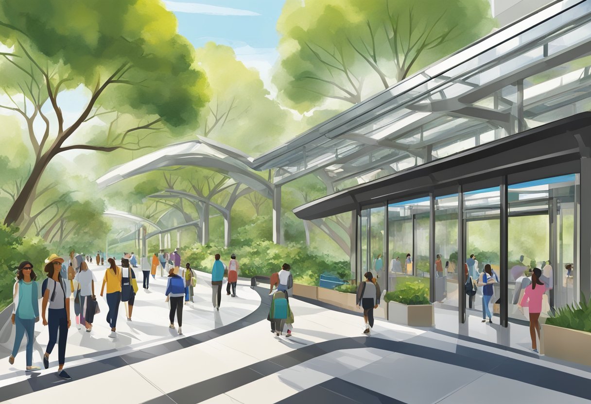 The Discovery Gardens metro station is bustling with commuters, with clear signage and ramps for accessibility. Vibrant greenery and modern architecture create a welcoming atmosphere