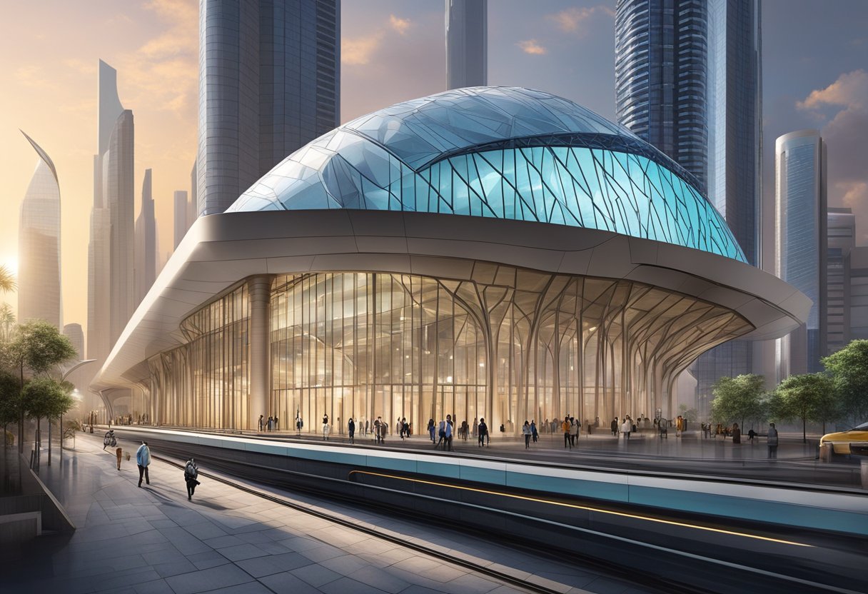 The Sharaf DG metro station stands tall against a backdrop of modern skyscrapers, with sleek lines and futuristic architecture. The station is bustling with commuters and surrounded by the energy of the city