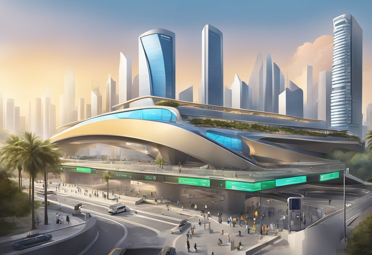 The bustling Sharaf DG metro station with sleek modern architecture and futuristic design, surrounded by bustling streets and towering skyscrapers