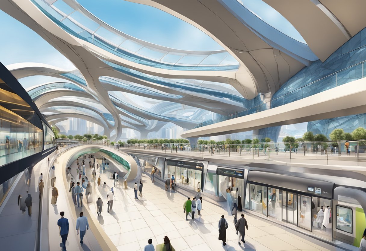 The Oud Metha metro station bustles with activity, surrounded by modern buildings and futuristic developments. The station is a hub of expansion and growth, with construction and infrastructure projects in progress
