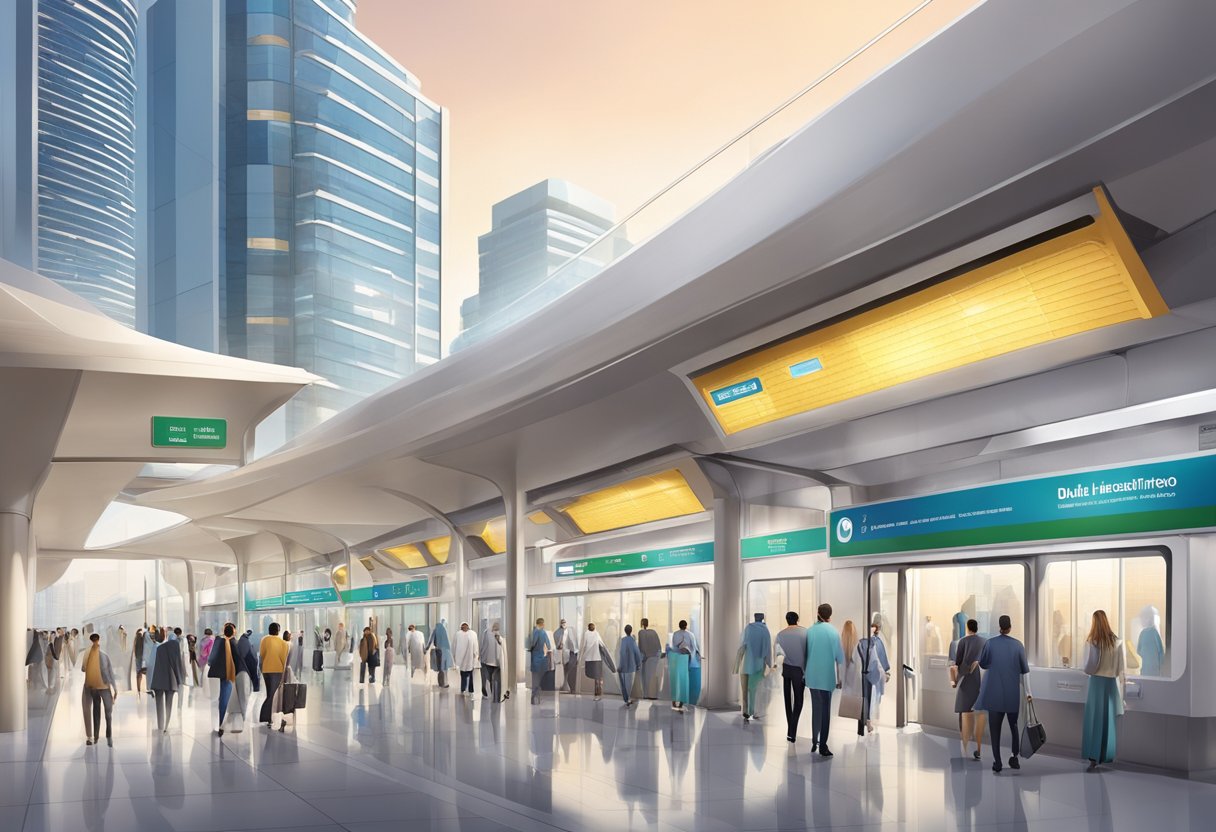 The Dubai Healthcare City metro station bustling with commuters, with a sleek and modern design, featuring clear signage and a vibrant atmosphere