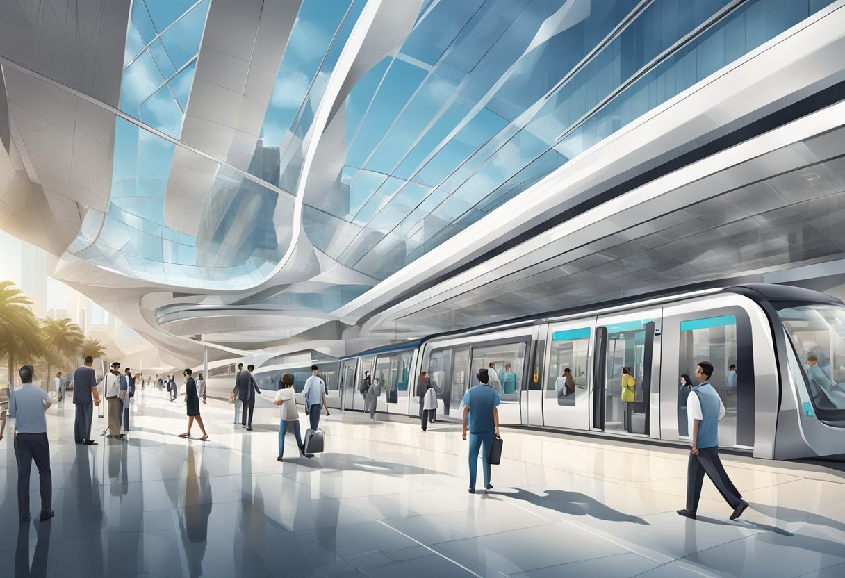 The Dubai Healthcare City metro station bustles with commuters and features modern architecture and sleek design
