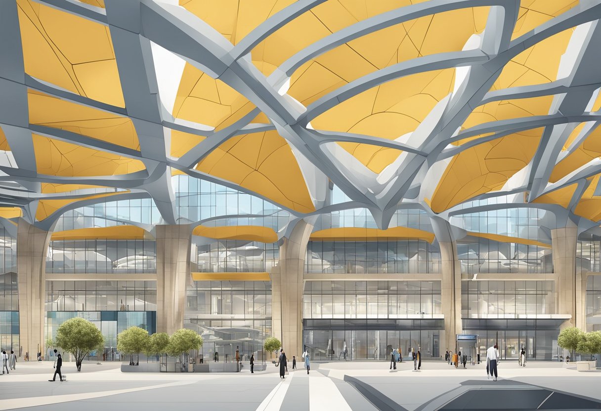 The Al Jadaf metro station features modern architecture with a blend of traditional Arabic design elements. The station is located in a bustling urban area with a mix of residential and commercial buildings