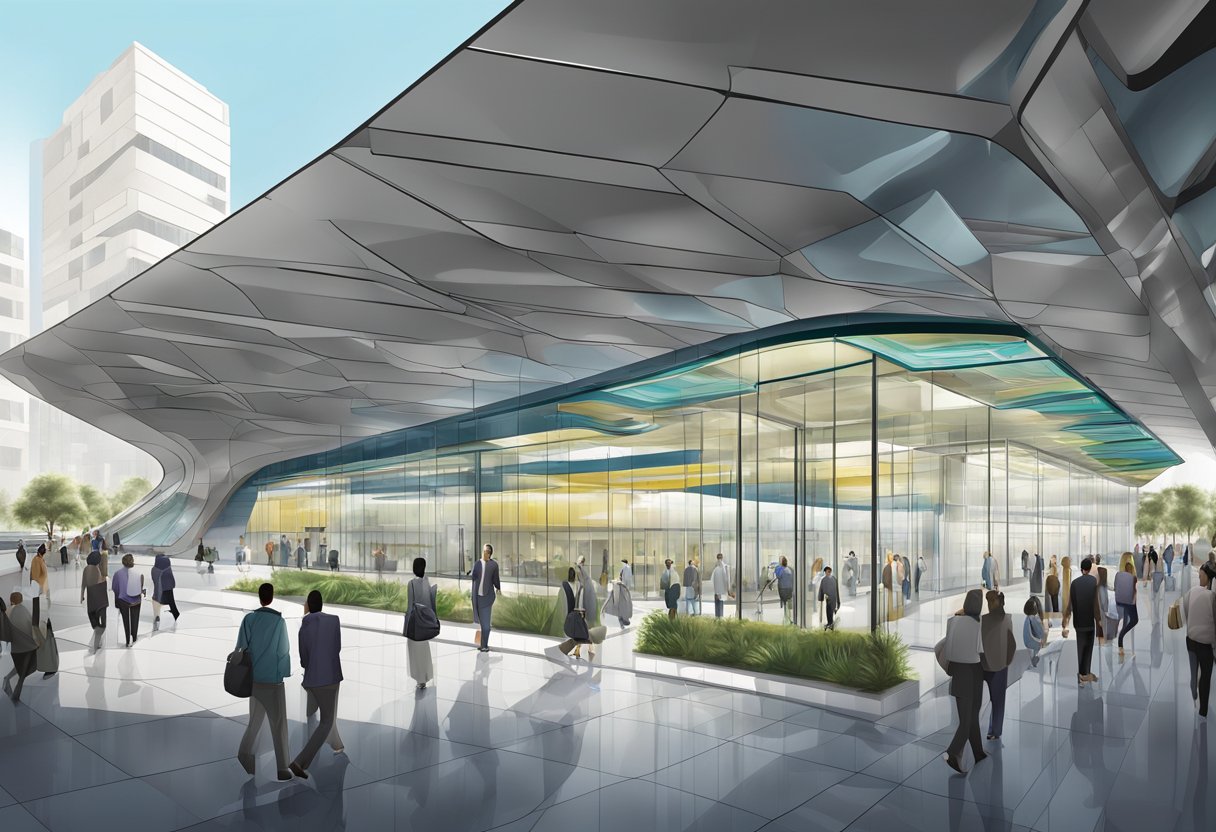 Al Jadaf metro station, with sleek modern architecture, glass panels, and bustling commuters