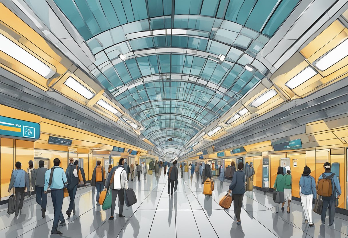The Al Jadaf metro station is bustling with commuters, lit by bright overhead lights and monitored by security cameras for safety