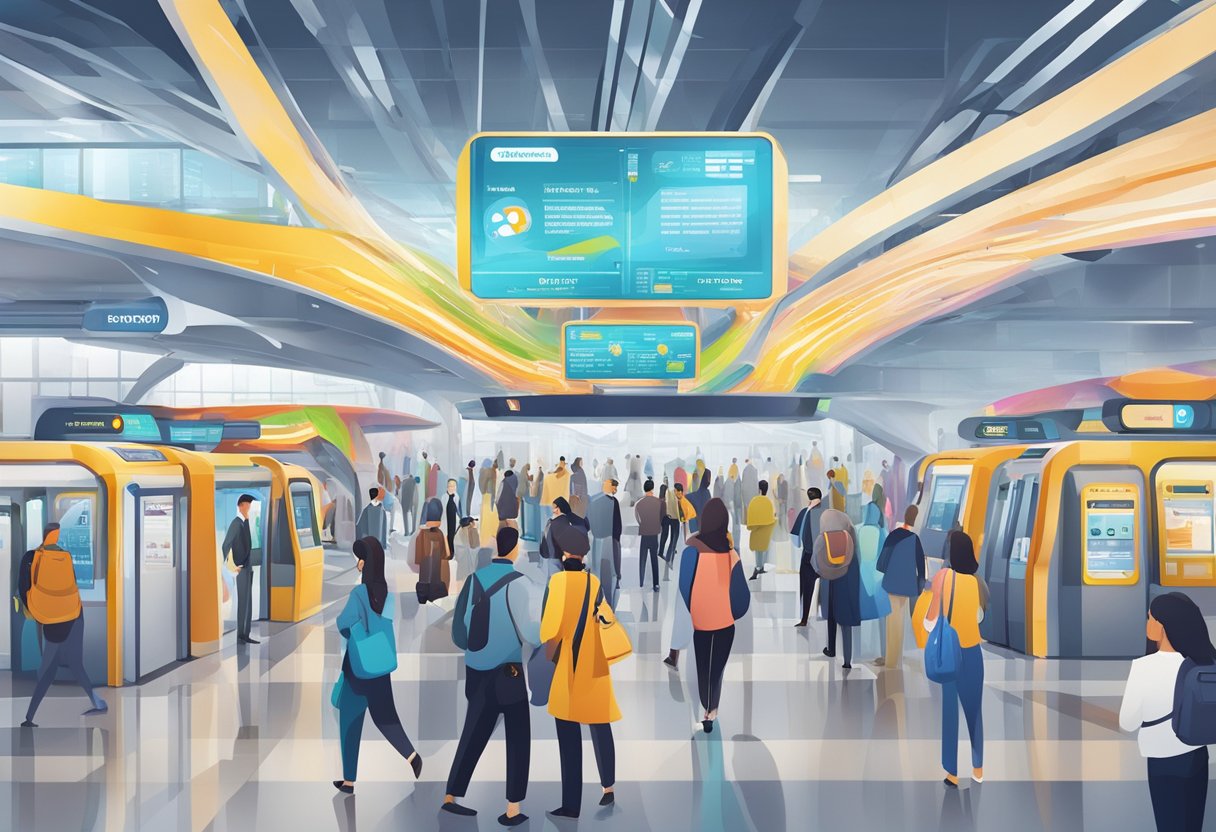 The bustling Operational Information EXPO 2020 metro station with colorful signage, ticket machines, and a steady flow of commuters