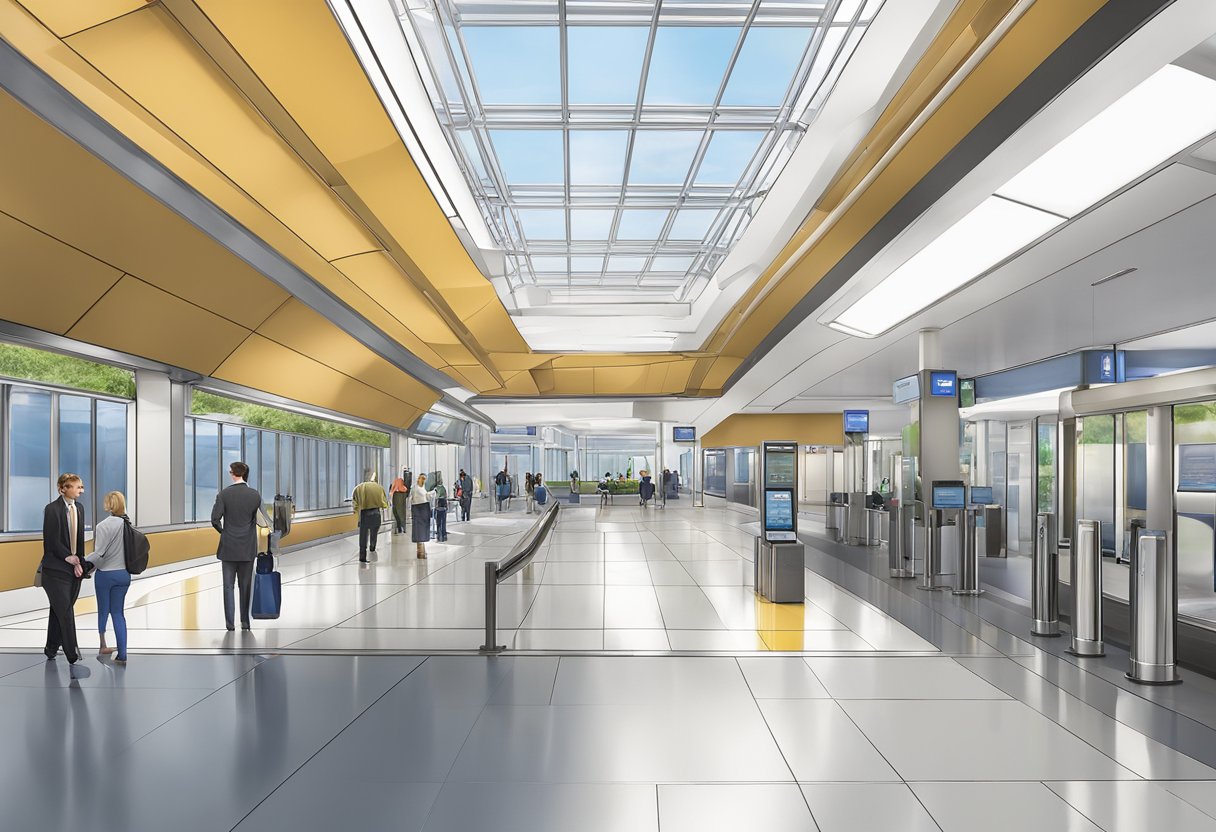 The Creek metro station features modern facilities and amenities, including sleek ticket counters, turnstiles, and seating areas. The station is well-lit with large windows and clean, polished floors