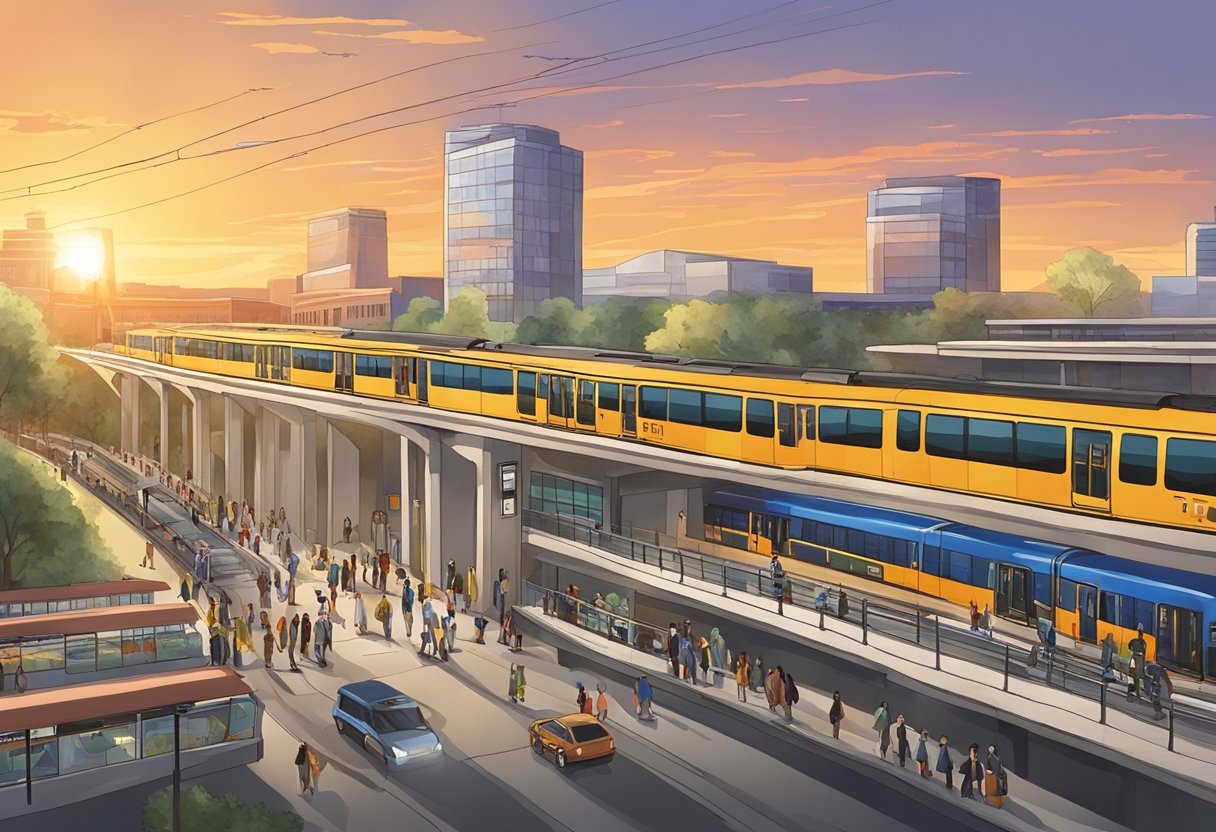 The sun sets over the bustling Creek metro station, with trains arriving and departing, buses loading passengers, and taxis lining up outside. The integration of different transportation modes creates a dynamic and vibrant scene