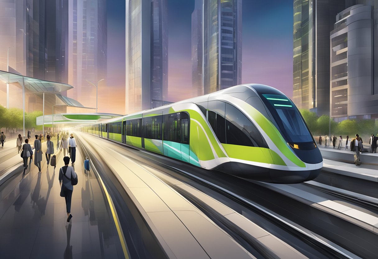 Etisalat by E& metro station: bustling commuters, futuristic architecture, vibrant signage, and a sleek metro train pulling into the station