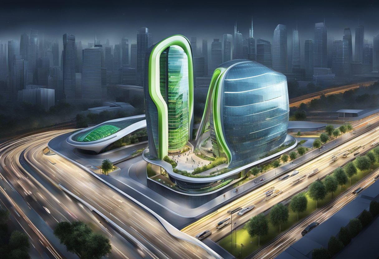 A futuristic etisalat building stands near a bustling metro station, surrounded by sleek architecture and bustling activity