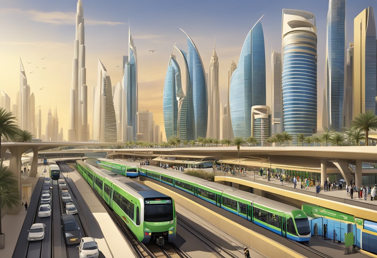 The bustling Etisalat by E& Metro Station serves as a vital hub in Dubai's transit network, with trains arriving and departing against a backdrop of modern architecture and bustling city life