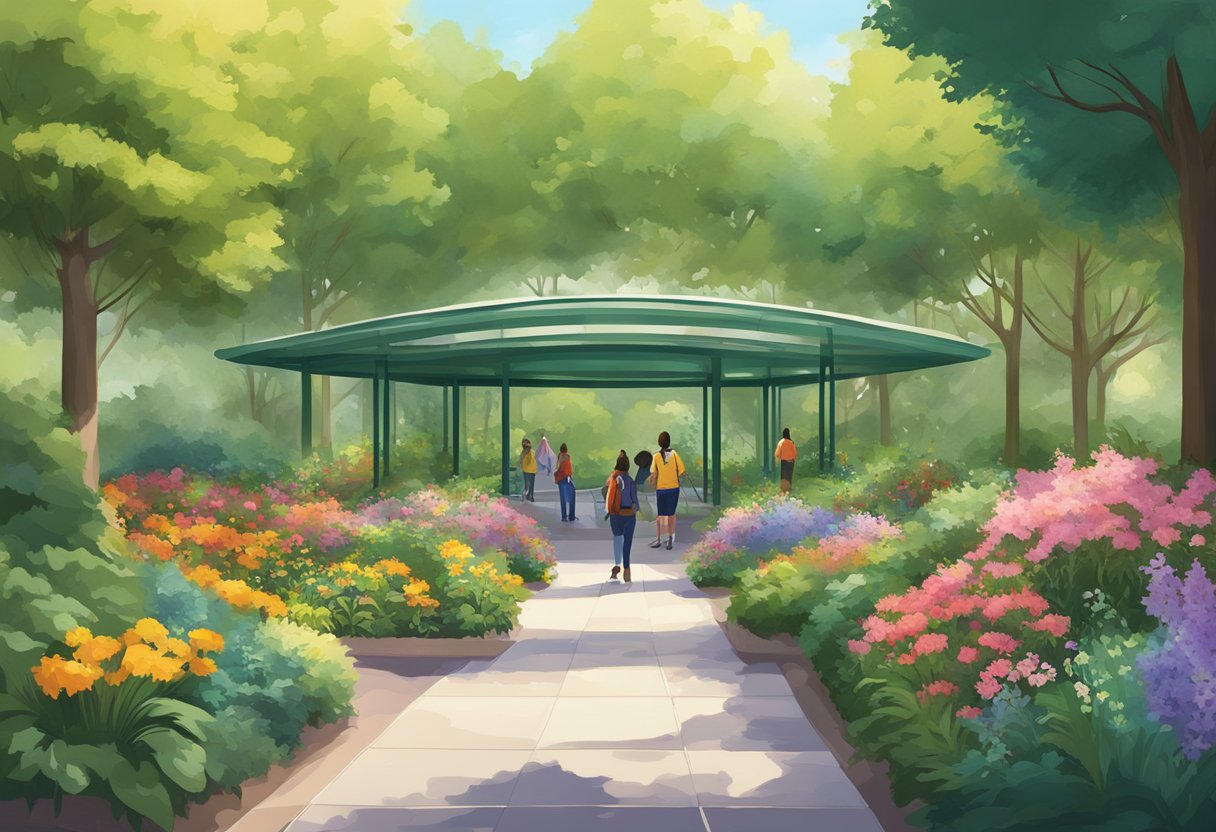 Lush gardens surround the Discovery Gardens metro station, with colorful flowers and tall trees. The air is fresh, and the sound of birds chirping fills the atmosphere