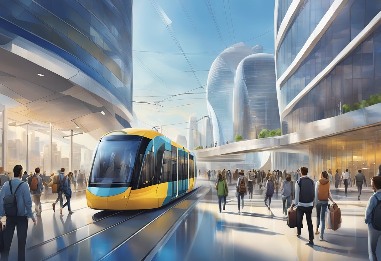The Knowledge Village tram station bustles with commuters and students, as the sleek, modern trams arrive and depart against a backdrop of futuristic architecture