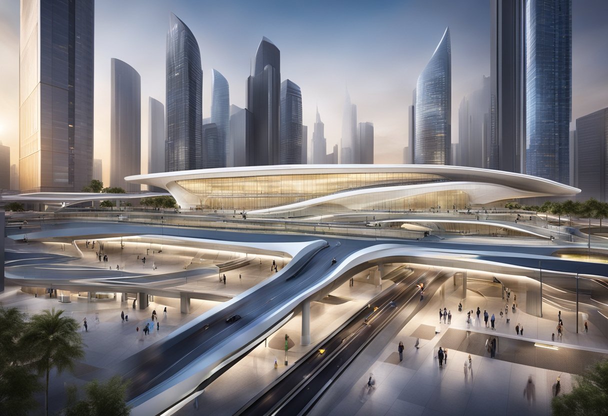 The bustling Future Developments and Expansion DMCC metro station with sleek, modern architecture and a constant flow of commuters