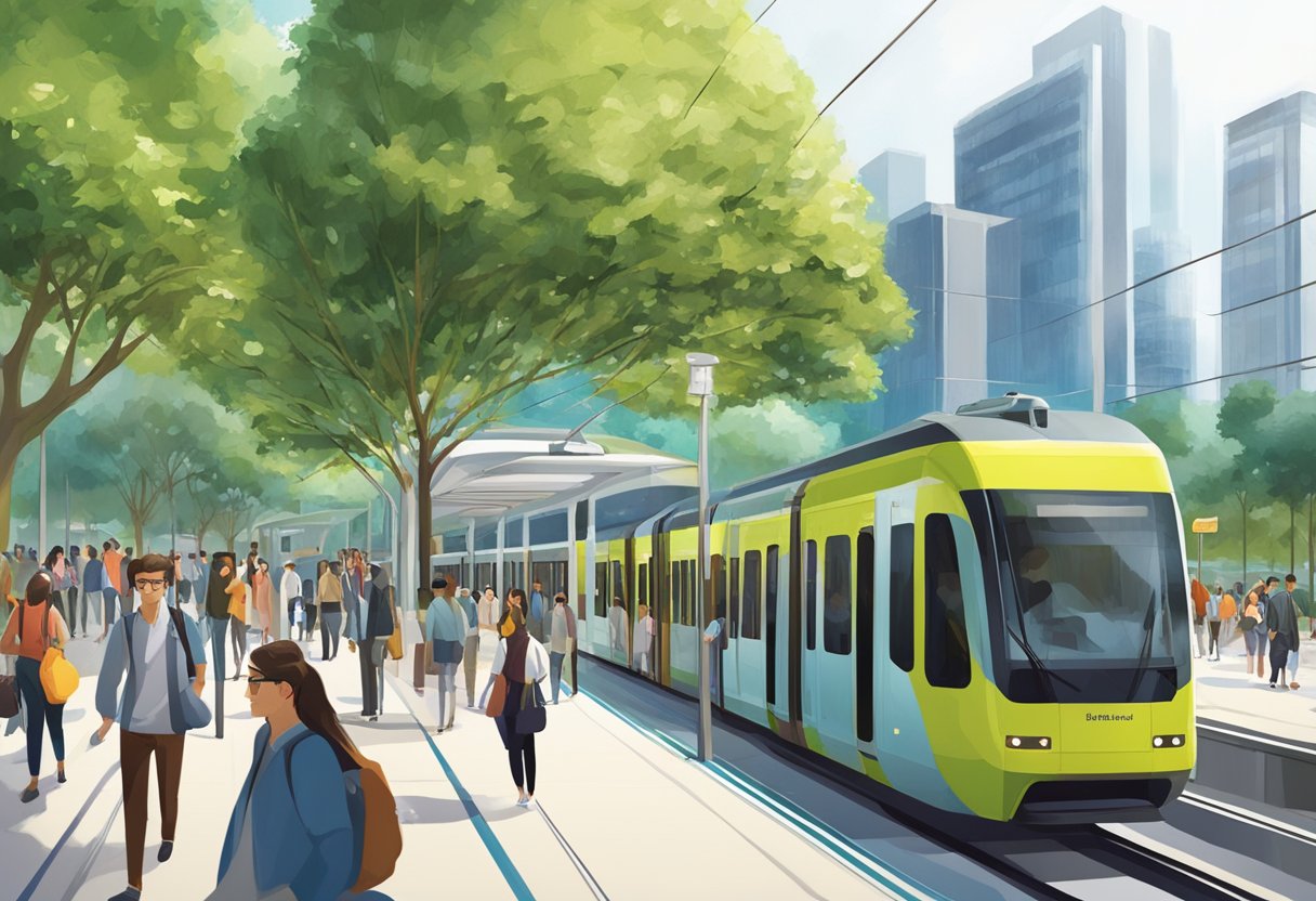The Knowledge Village tram station bustles with commuters. The platform is filled with people waiting for the next tram, while others hurry to board the arriving tram. The station is surrounded by modern buildings and lush greenery, creating a vibrant urban atmosphere