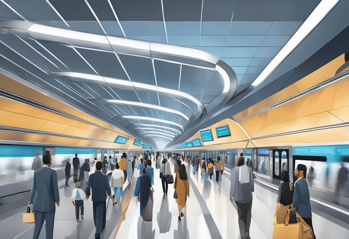 The Dubai Metro System DMCC metro station bustles with commuters entering and exiting the sleek, modern station. The platform is lined with electronic displays and sleek, futuristic architecture